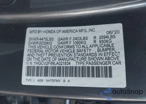 2020 Honda Accord Touring from USA, damaged, VIN 1HGCV2F99LA021834